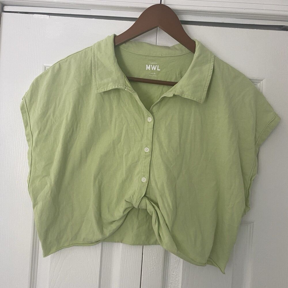 Madewell Women Crop Top Large Green Button Up Knot Festival Party Casual Preppy